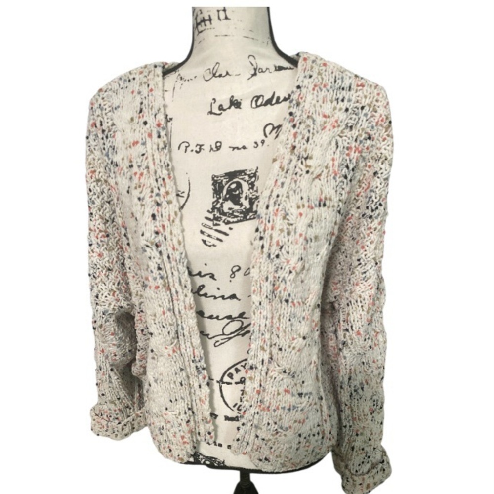 Ivory Tweed Cropped Open Cardigan Cable Knit Layering Size Large